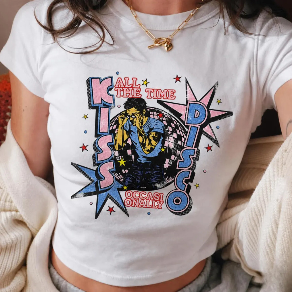 Kiss All The Time Disco Occasionally Retro Stars Disco Ball White Baby Tee